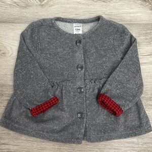 Carter's Gray with Red & Black Sleeve Cuffs Soft Fleece Button Down Size 12M